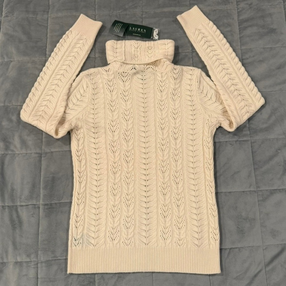 Lauren Ralph‎ Lauren Turtleneck Sweater Womens M Cream Wool Cashmere Pointelle